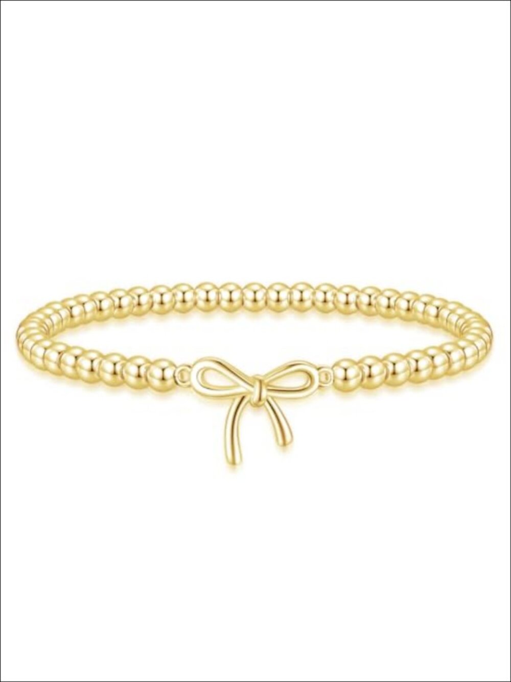 14K Gold Plated Beaded Stretch Bracelet Bow Charm Dainty Stackable